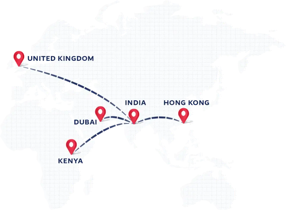 Map with pointers on UK, Dubai, India, Kenya and Hongkong